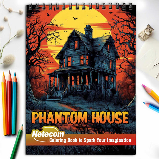 Phantom House Spiral Bound Coloring Book, Embrace the Chill of the Supernatural with 30 Enchanting Pages, Where Phantoms Lurk Around Every Corner.