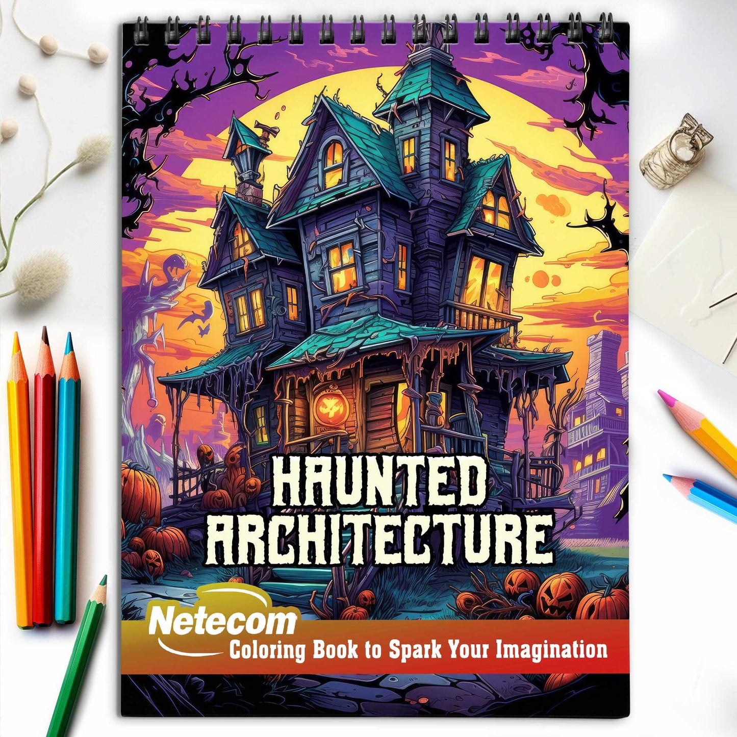 Haunted Architecture Spiral Bound Coloring Book, Embrace the Enigmatic Allure of 30 Enchanting Pages, Where Haunted Edifices Stand Tall.