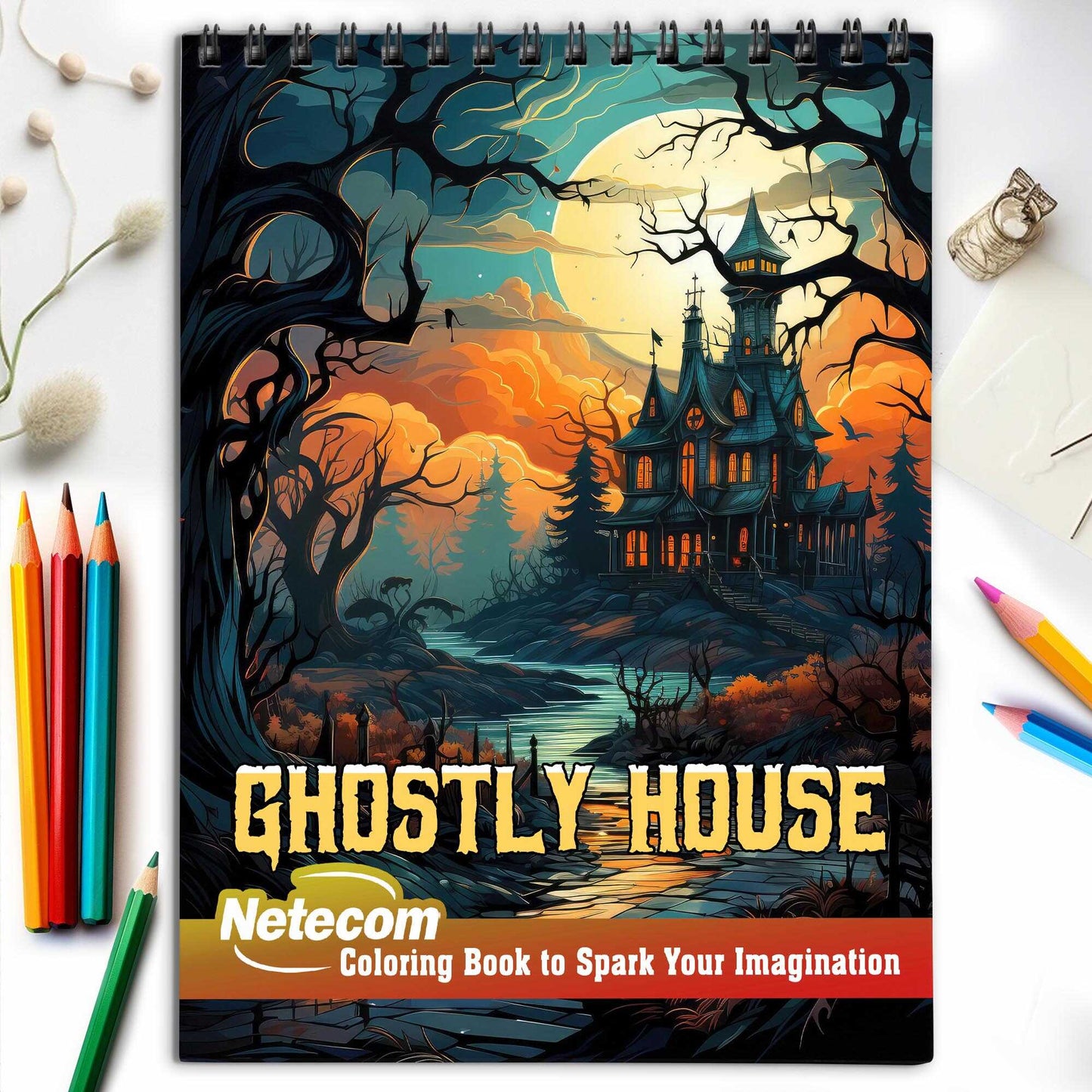 Ghostly House Spiral Bound Coloring Book, Unleash Your Creativity in a Spine-Tingling Setting with 30 Charming Pages of Eerie House Scenes.