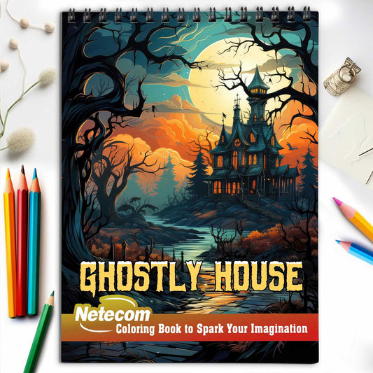 Ghostly House Spiral Bound Coloring Book, Unleash Your Creativity in a Spine-Tingling Setting with 30 Charming Pages of Eerie House Scenes.