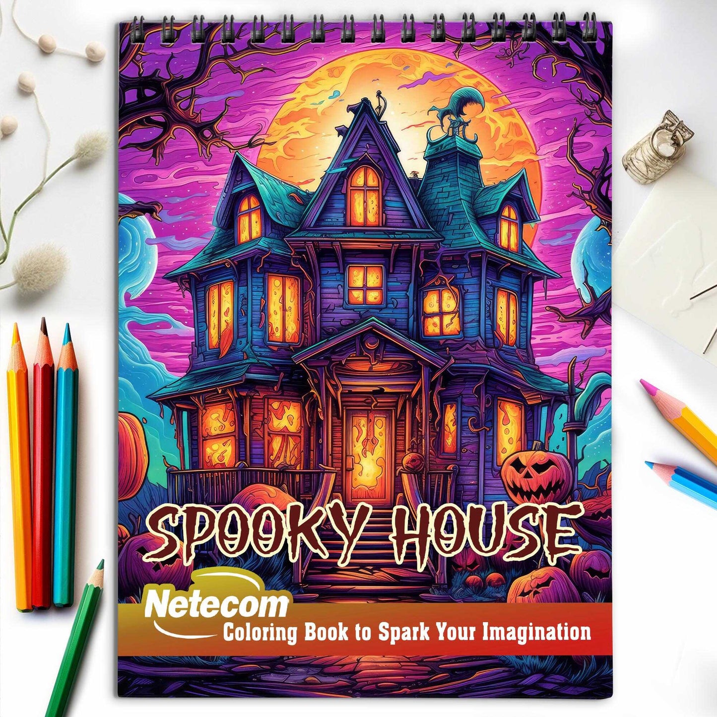 Spooky House Spiral Bound Coloring Book, Unleash Your Imagination in a Spine-Tingling Setting with 30 Charming Pages of Haunting House Scenes.