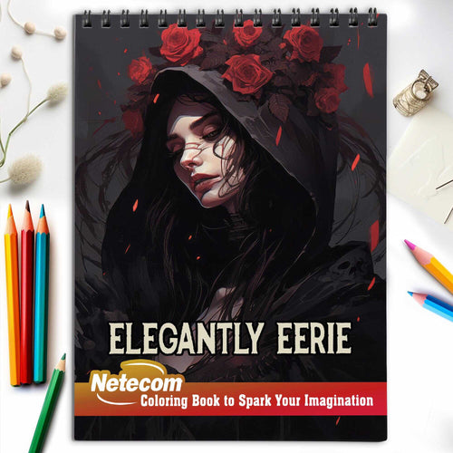 Netecom Elegantly Eerie Spiral Bound Coloring Book, 30 Striking Coloring Pages for Coloring Aficionados to Bring Out the Unique Personality of Each Elegantly Eerie Woman