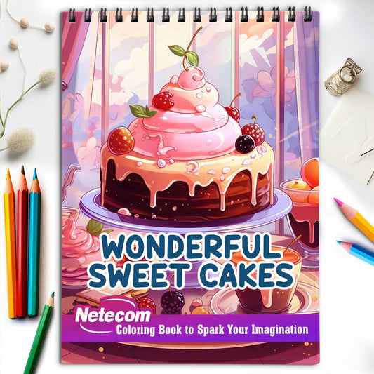 Wonderful Sweet Cakes Spiral Bound Coloring Book, Satisfy Your Imagination with 30 Enchanting Coloring Pages, Exploring the World of Wonderful Sweet Cakes