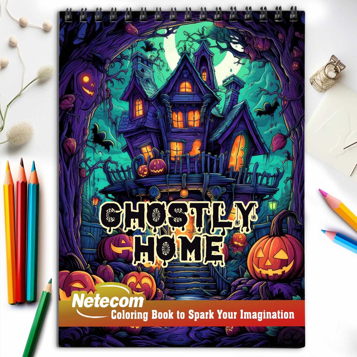 Ghostly Home Spiral Bound Coloring Book, Explore the Mysterious Beauty of Ghostly Homes with 30 Exquisitely Illustrated Coloring Pages.