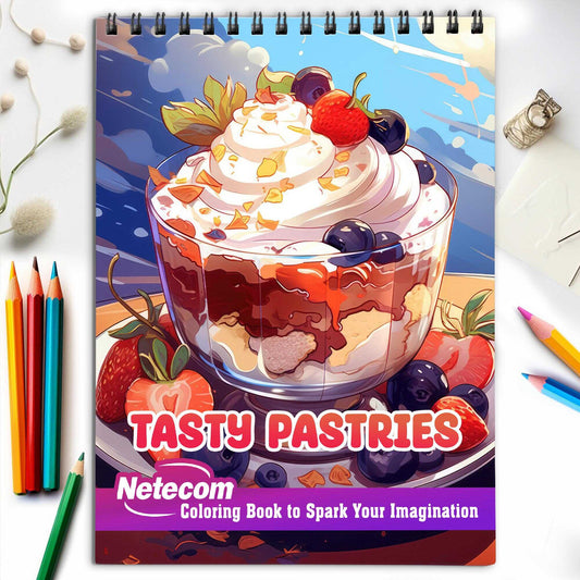 Tasty Pastries Spiral Bound Coloring Book, Savor Your Imagination with 30 Enchanting Coloring Pages, Exploring the World of Tasty Pastries