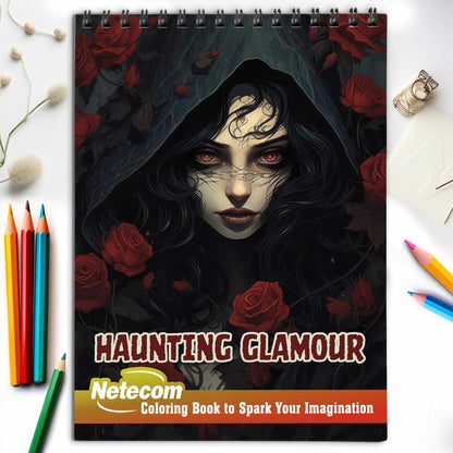 Haunting Glamour Spiral Bound Coloring Book, Face Your Fears with 30 Mesmerizing Coloring Pages of Horror Beauty Girls in Haunting Glamour, Providing Therapeutic Stress Relief