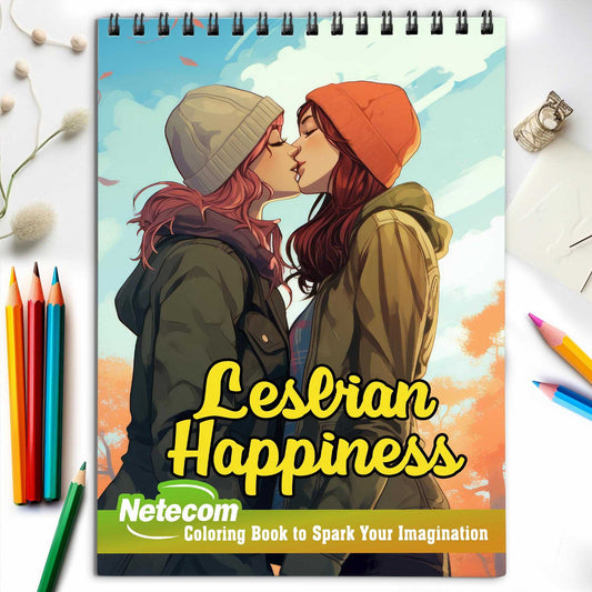 Lesbian Happiness Spiral Bound Coloring Book, Unleash Your Creativity with 30 Charming Pages Filled with Heartfelt Moments of Lesbian Romance and Contentment.