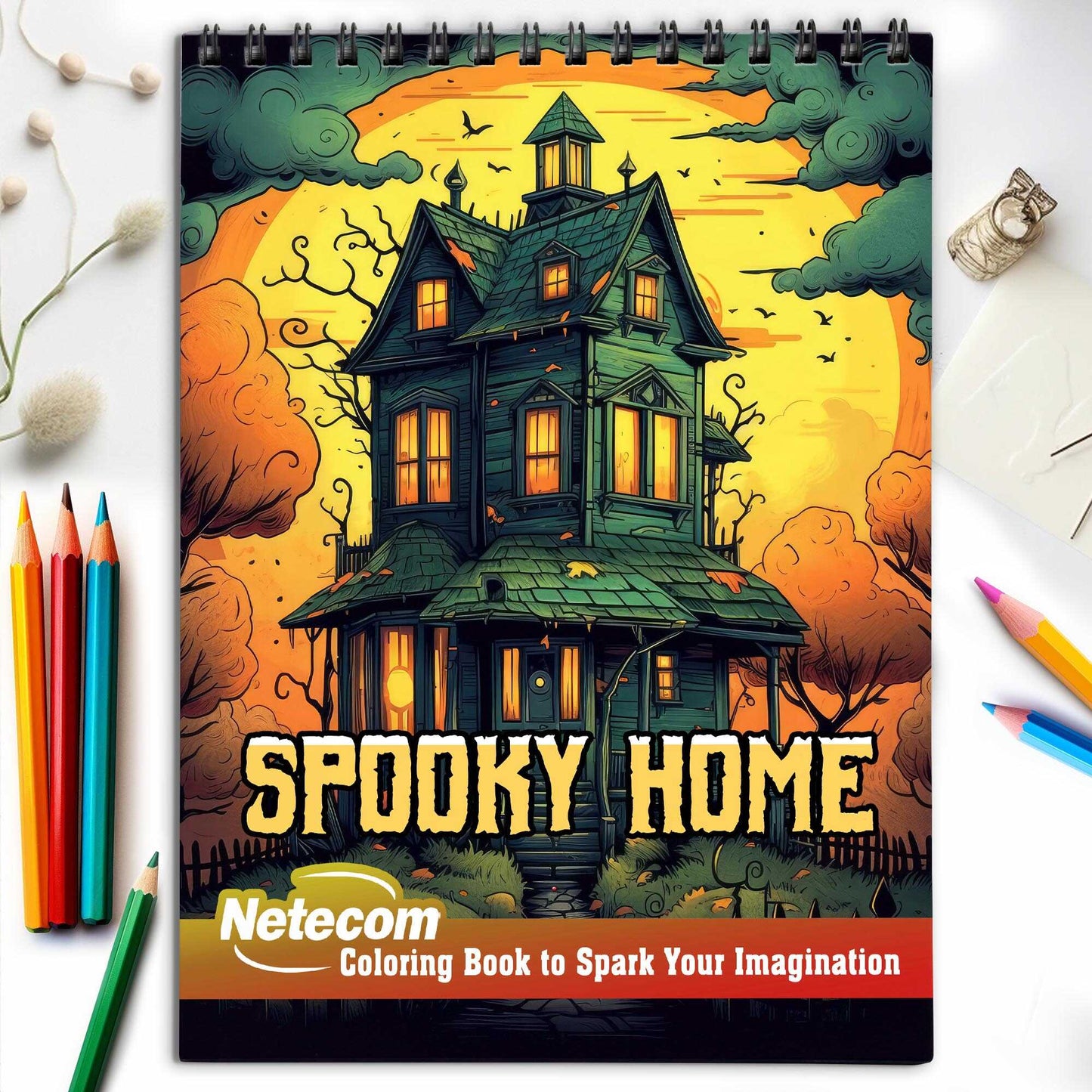 Spooky Home Spiral Bound Coloring Book, Celebrate the Spirit of Halloween with 30 Delightful Coloring Book Pages, Each Filled with Spooky Home Magic.