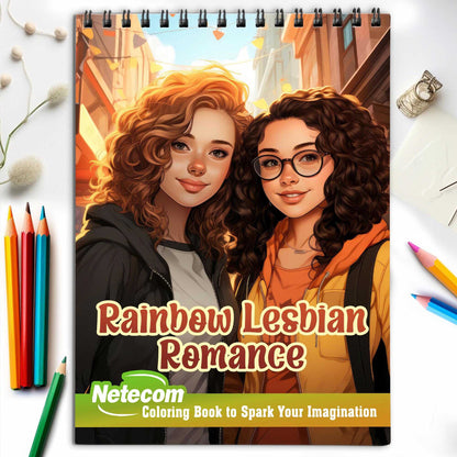 Rainbow Lesbian Romance Spiral Bound Coloring Book, Journey into a World of Expression with 30 Artistic Coloring Pages Inspired by the Deep Emotions of Loving LGBTQ+ Relationships.