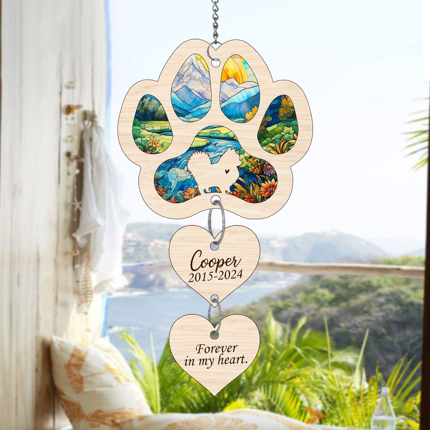 Netecom Personalized Pomeranian Paw Heart Memorial Suncatcher, Dog Paw Ornament with Name Date, Pet Loss Sympathy Gift, Dog Memorial Keepsake