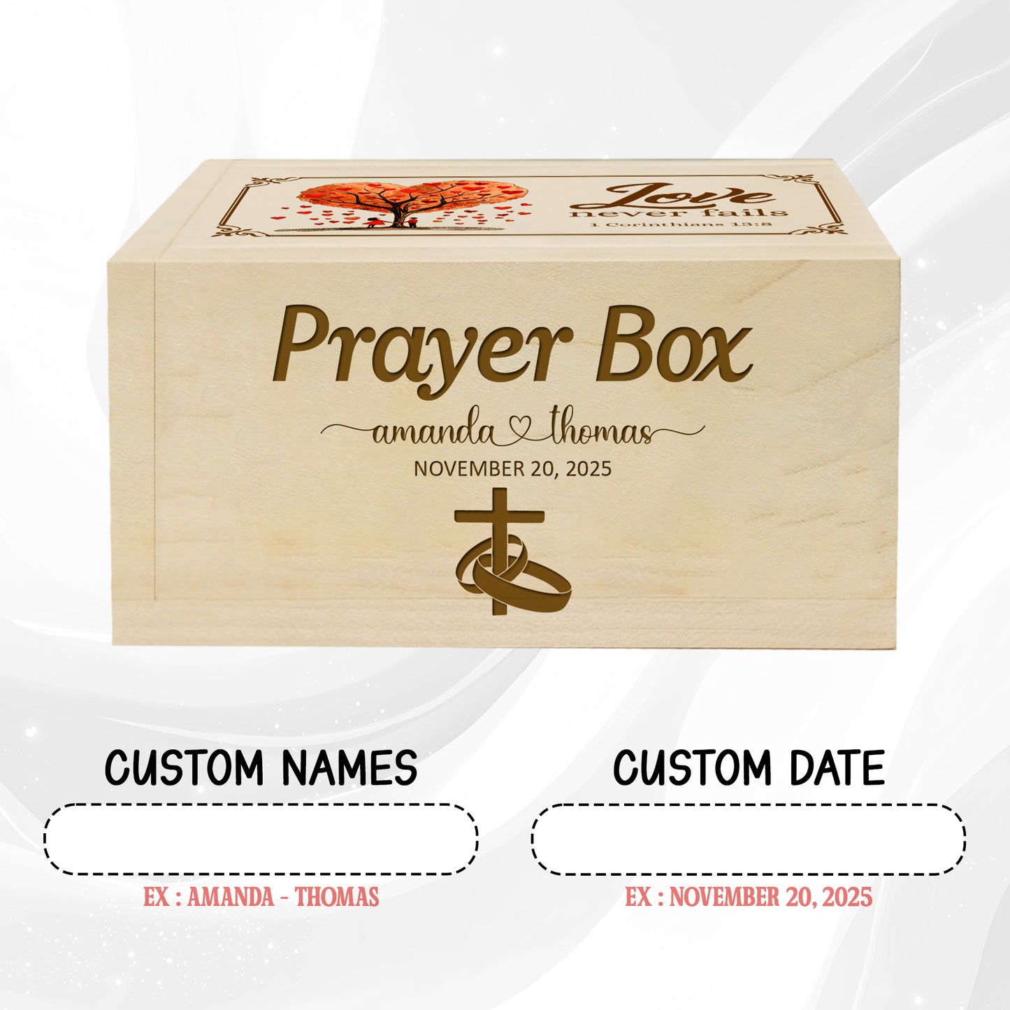 Netecom Personalized Couple Prayer Box with 100 Prayer Request Cards and Handheld Cross – Custom Names and Anniversary Date, Wooden Christian Gift for Couples