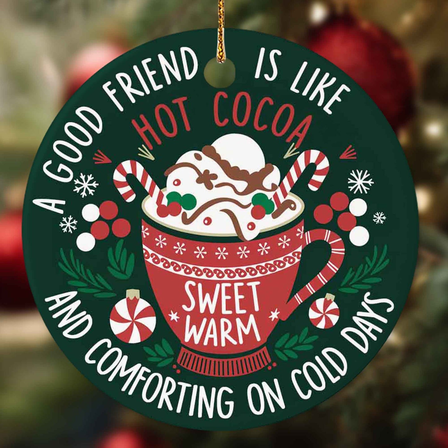 Netecom Funny Best Friend Christmas Ornament, A Good Friend is Like Hot Cocoa Ceramic Ornament for Xmas Tree Hanging Decorations Gift, Friendship Gifts for Men Women, Holiday Party Present