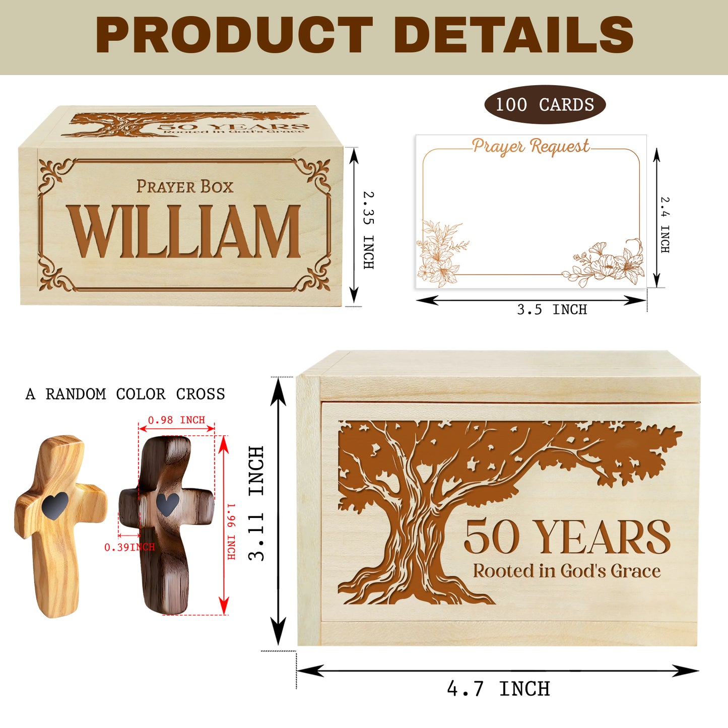 Netecom Personalized Birthday Prayer Box 50 Years with Custom Name, Christian Faith Gift with Wooden Cross & 100 Prayer Request Cards, Meaningful 50th Birthday Gift