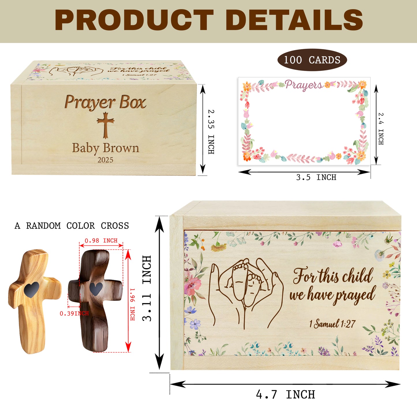 Netecom Personalized Baby Prayer Box with 100 Prayer Request Cards & Handheld Cross – Custom Baby Name & Birth Year, Wooden Christian Gift for Parents