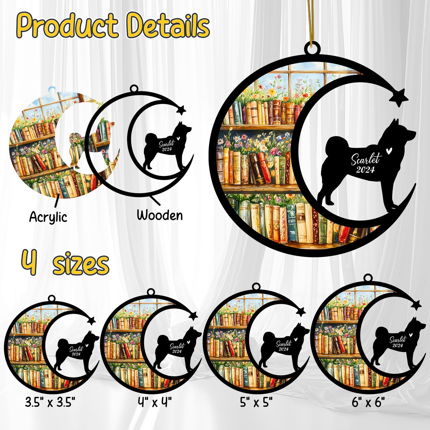 Netecom Personalized Akita Suncatcher for Windows Hanging, Custom Dog Sun Catcher Ornament with Name Date, Unique Gifts for Book Lovers, Reader Teacher Librarian Bookworm