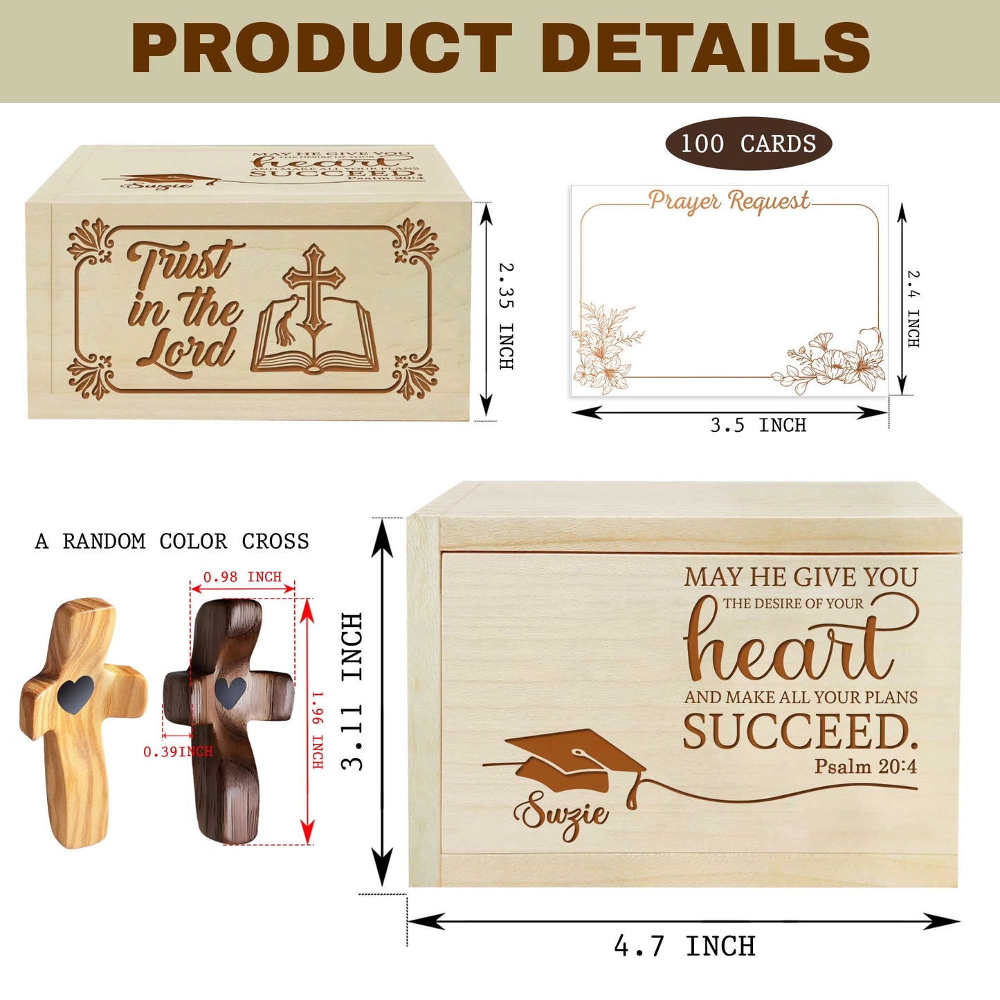 Netecom Personalized Wooden Prayer Box for Graduation with Custom Name Cross, Maple Wood Faith Keepsake with 100 Prayer Request Cards, Christian Gift for Students & New Beginnings