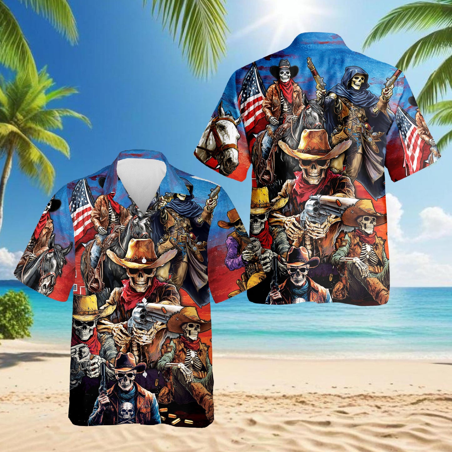 Netecom Western Cowboy Skeleton Hawaiian Shirt for Men, American Flag Button Down Summer Beach Short Sleeve Shirts