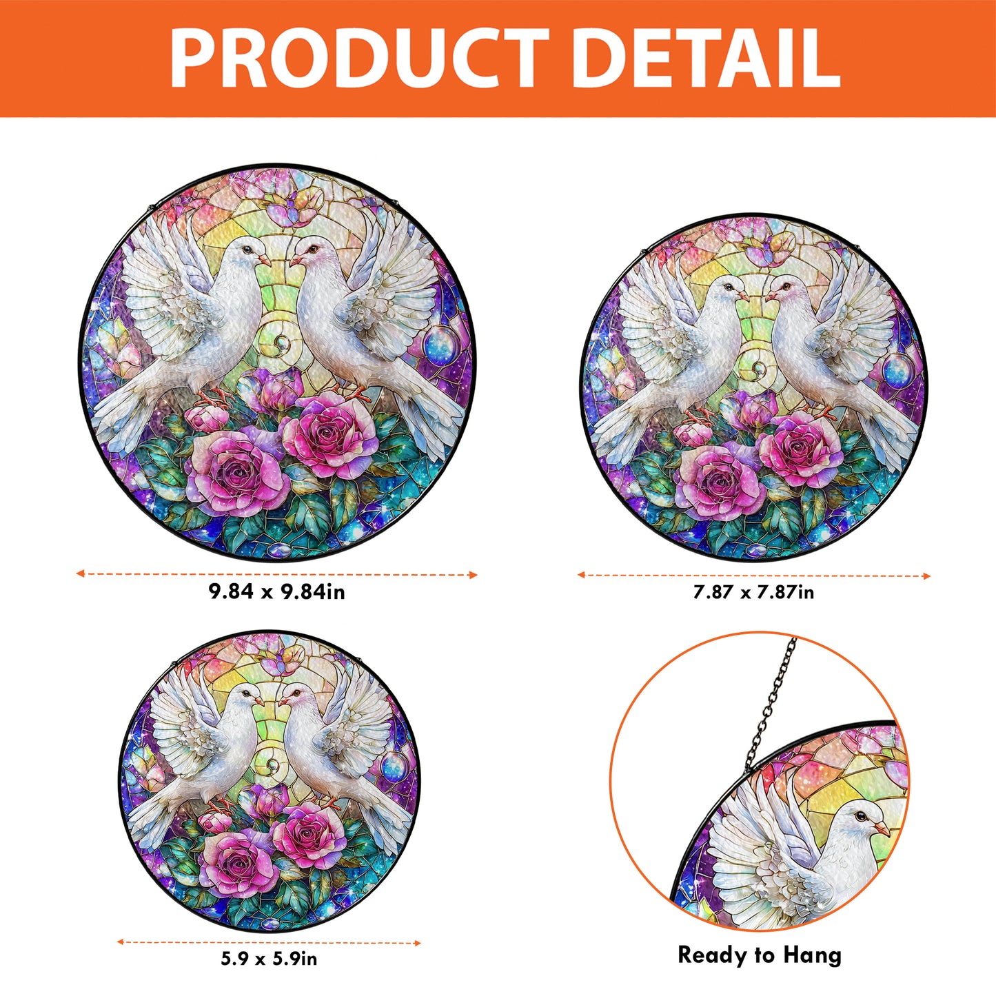 Netecom White Doves Stained Glass Suncatcher, Romantic Window Hanging Decor, Elegant Home Accent, Wedding Anniversary or Christmas Gift for Couples