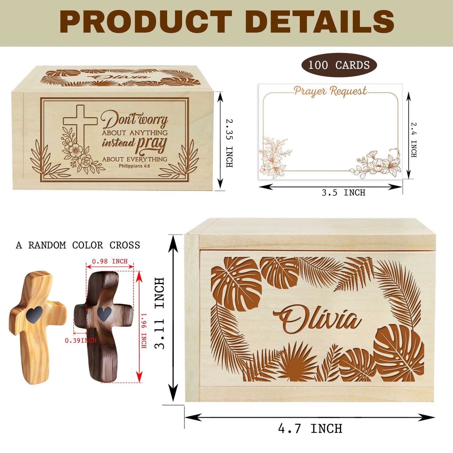 Netecom Personalized Christian Prayer Box with 100 Prayer Request Cards and Custom Name Wooden Cross, Faith-Inspired Daily Devotional Gift