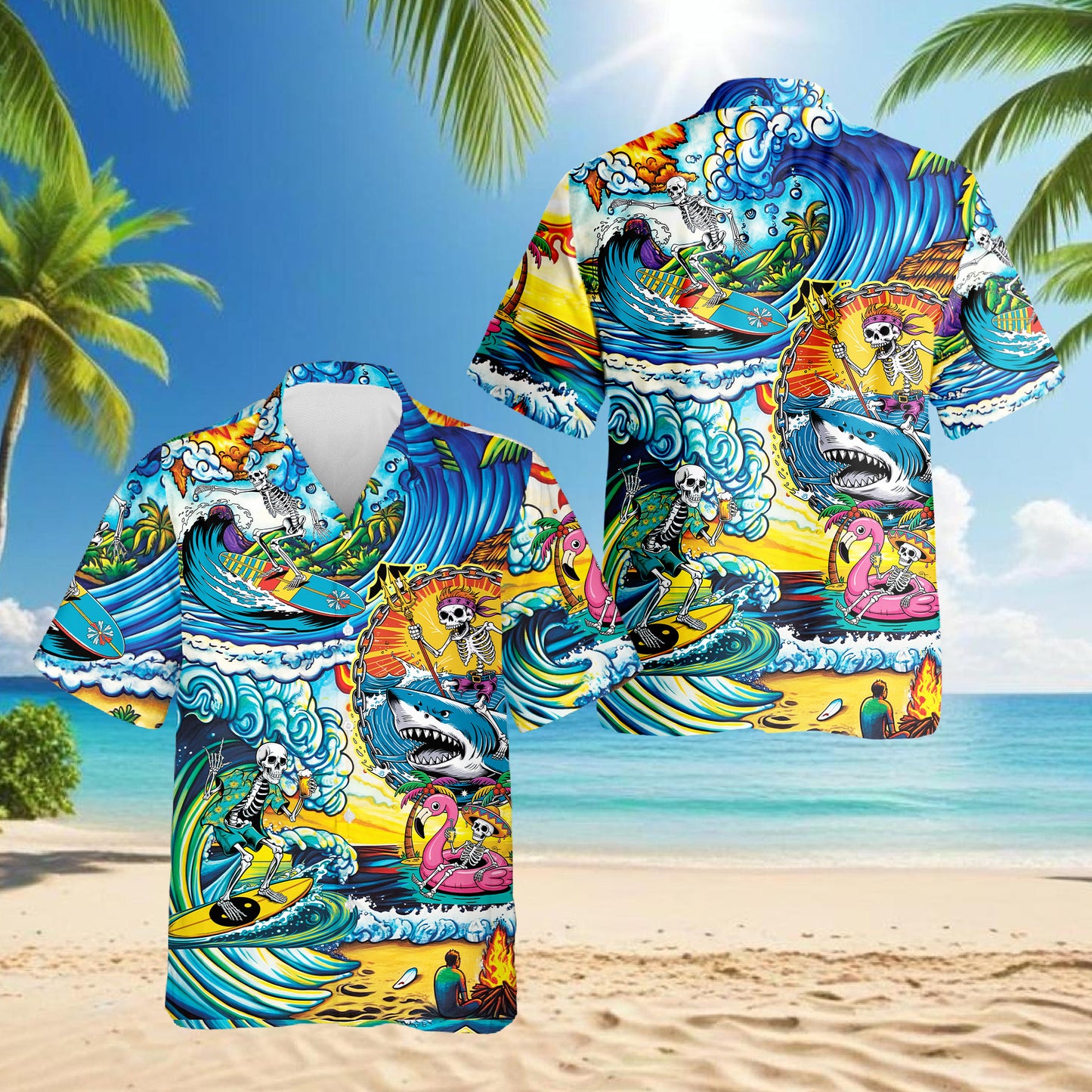 Netecom Funny Surfing Skull Art Hawaiian Shirt for Men Women, Tropical Button Down Summer Beach Short Sleeve Shirts