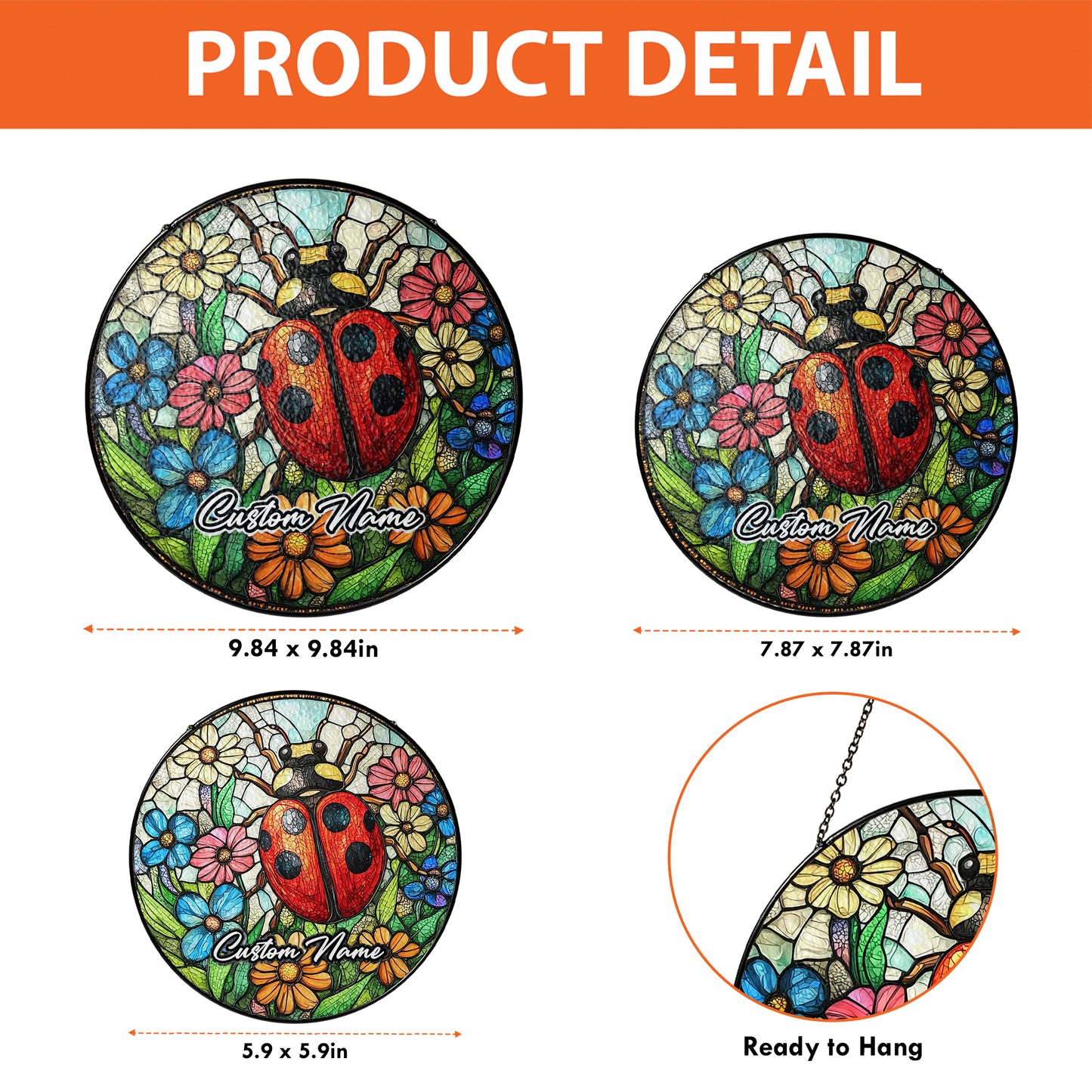 Netecom Personalized Lady Bug Stained Glass Ornament, Custom Memorial Suncatcher, Pet Loss Remembrance Gift, Christmas Decoration