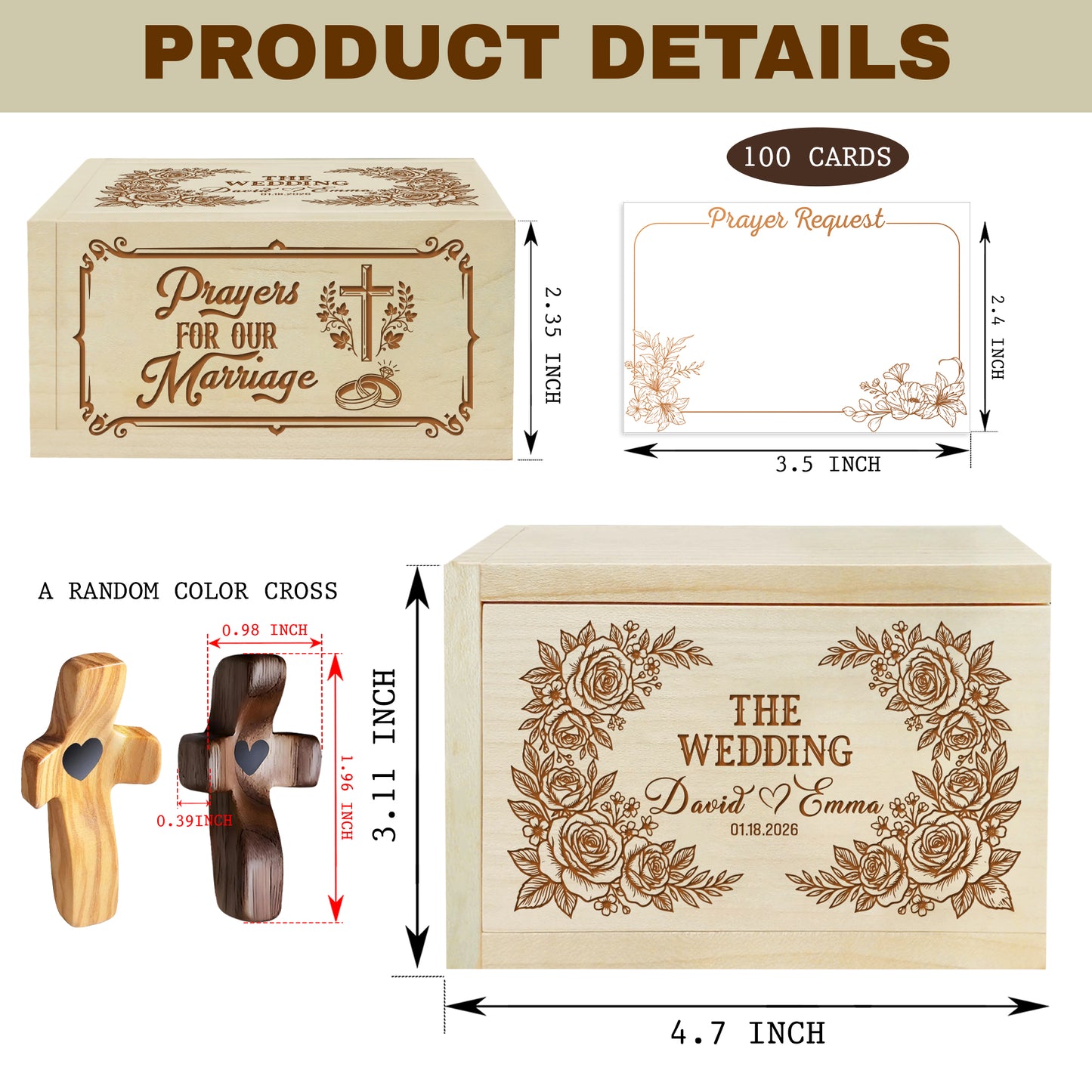 Netecom Personalized Wedding Prayer Box for Couples – Custom Names & Date with Wooden Cross, 100 Prayer Cards, Christian Faith Keepsake Gift