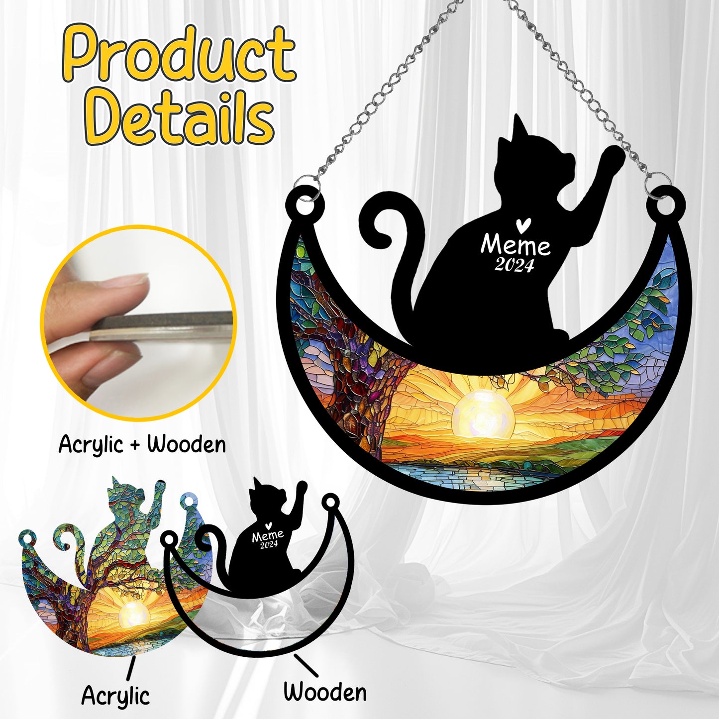 Netecom Personalized Cat Memorial Suncatcher, Custom Cat Ornament with Name Date, Loss of Pet Sympathy Suncatcher Gifts for Cat Lovers, Remembrance Gifts for Loss of Pet, Cat Grief Gift