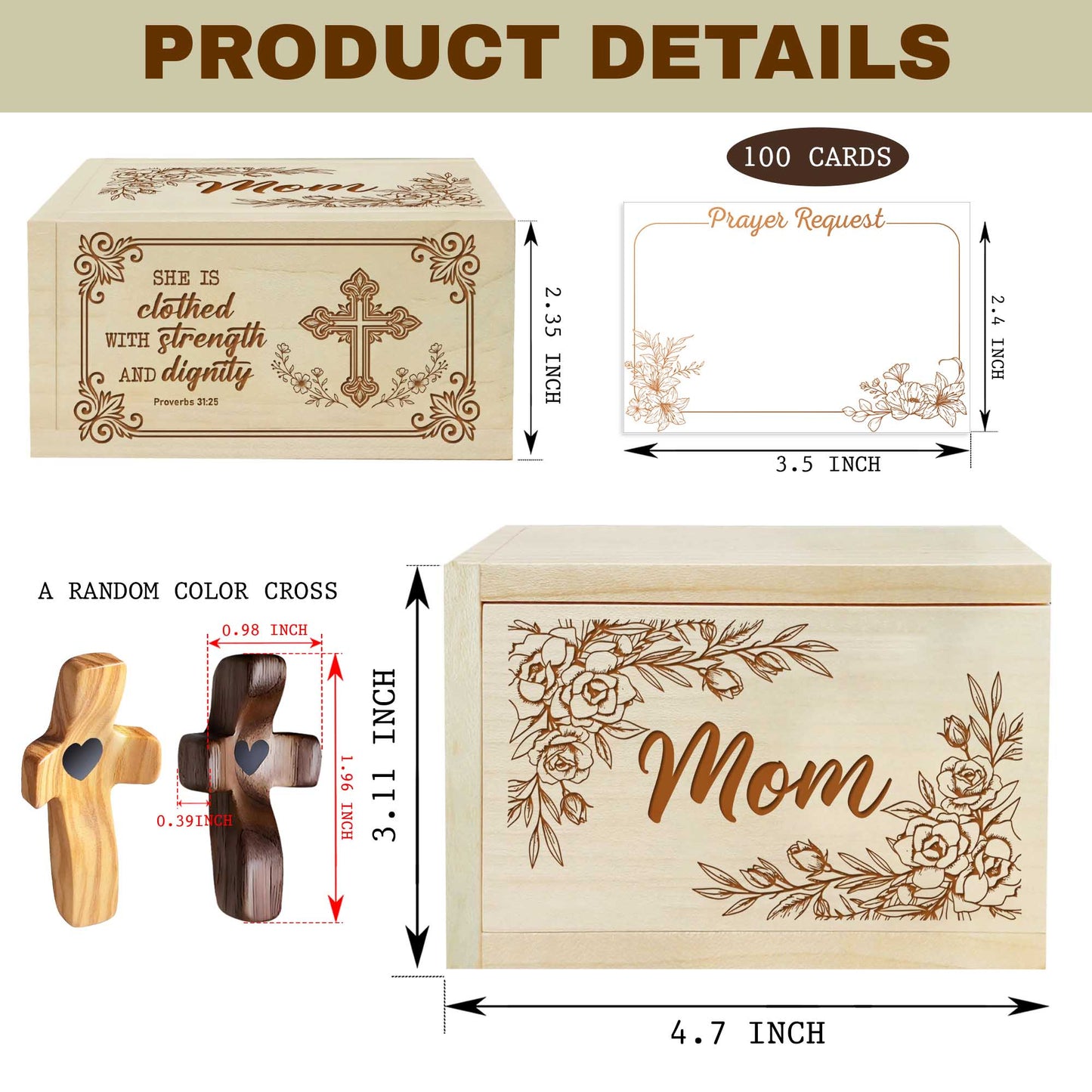 Netecom Personalized Wooden Prayer Box for Mom with 100 Prayer Request Cards and Custom Name Handheld Cross, Meaningful Religious Gift for Mother