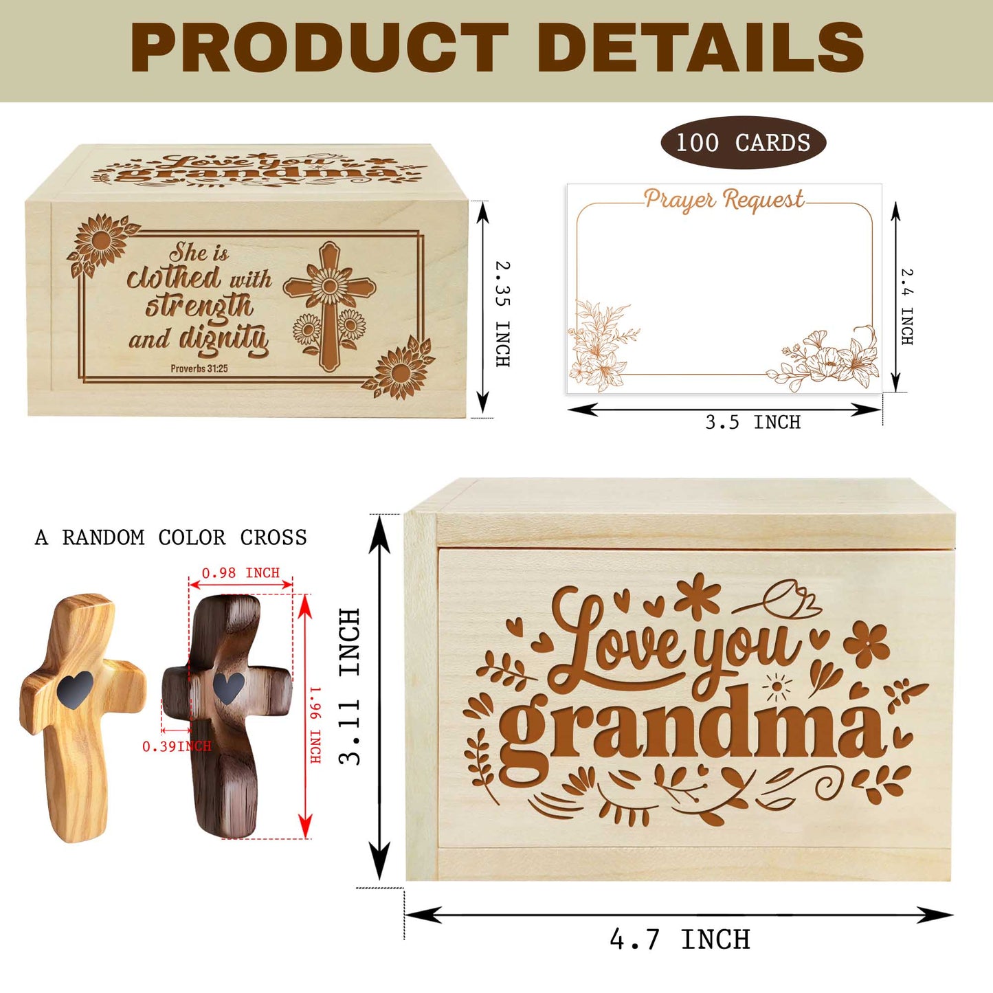 Netecom Love You Grandma Personalized Prayer Box with Custom Name Cross and 100 Prayer Request Cards, Christian Gift