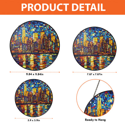 Netecom City Nightscape Stained Glass Ornament – Custom Urban Sun Catcher, Night City Lights Home Decor