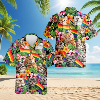 Netecom LGBT Pride Cat Hawaiian Shirt for Women, Cat Lover Gifts, Rainbow Flag Floral Button Down Summer Beach Shirts