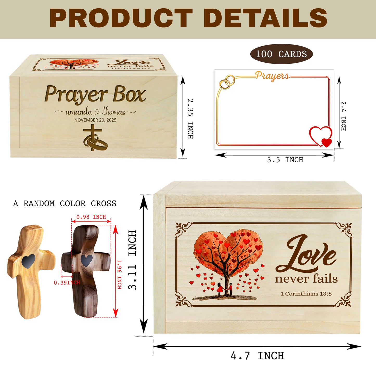 Netecom Personalized Couple Prayer Box with 100 Prayer Request Cards and Handheld Cross – Custom Names and Anniversary Date, Wooden Christian Gift for Couples