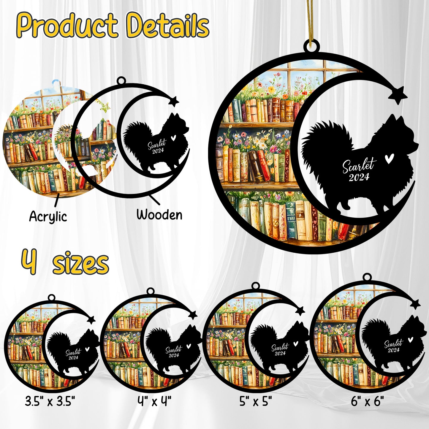 Netecom Personalized Pomeranian Suncatcher for Windows Hanging, Custom Pom Dog Sun Catcher Ornament with Name Date, Unique Gifts for Book Lovers, Reader Teacher Librarian Bookworm