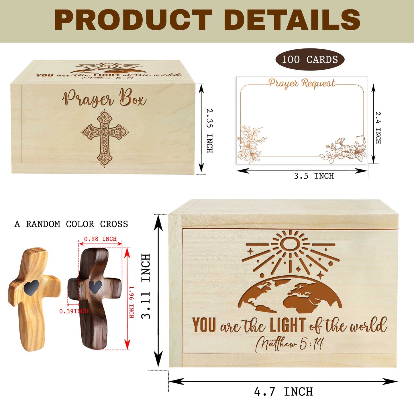 Netecom Personalized Wooden Prayer Box with 100 Prayer Request Cards & Custom Name Cross – Christian Faith Gift You Are the Light of the World