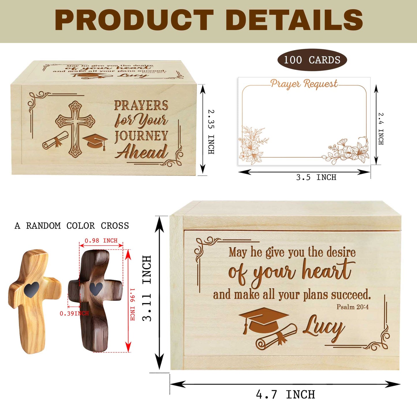 Netecom Personalized Graduation Prayer Box with Custom Name Wooden Cross, Maple Wood Faith Keepsake with 100 Prayer Cards, Christian Gift for New Beginnings