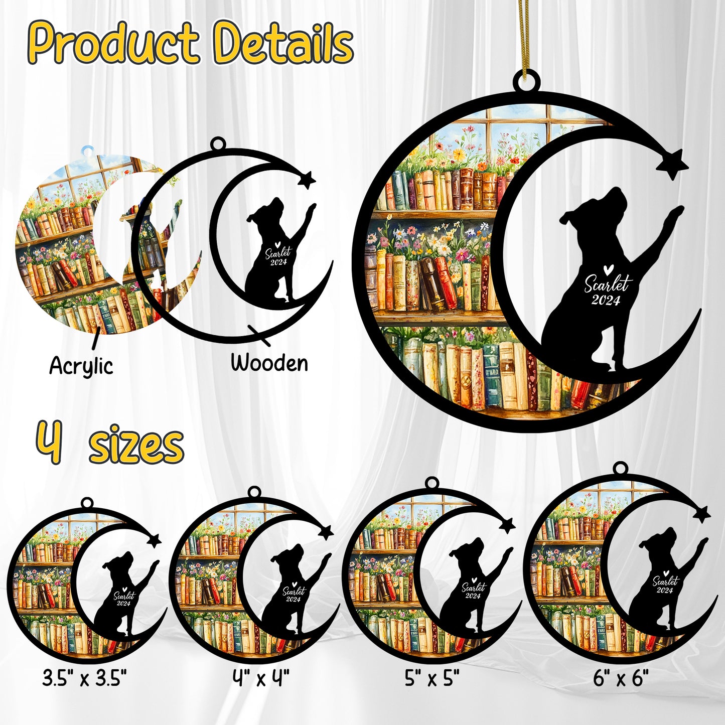 Netecom Personalized Pitbull Suncatcher for Windows Hanging, Custom Dog Sun Catcher Ornament with Name Date, Unique Gifts for Book Lovers, Reader Teacher Librarian Bookworm