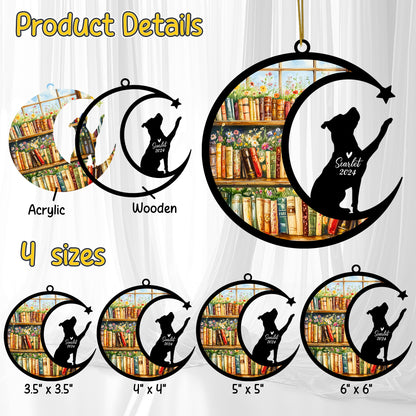 Netecom Personalized Pitbull Suncatcher for Windows Hanging, Custom Dog Sun Catcher Ornament with Name Date, Unique Gifts for Book Lovers, Reader Teacher Librarian Bookworm