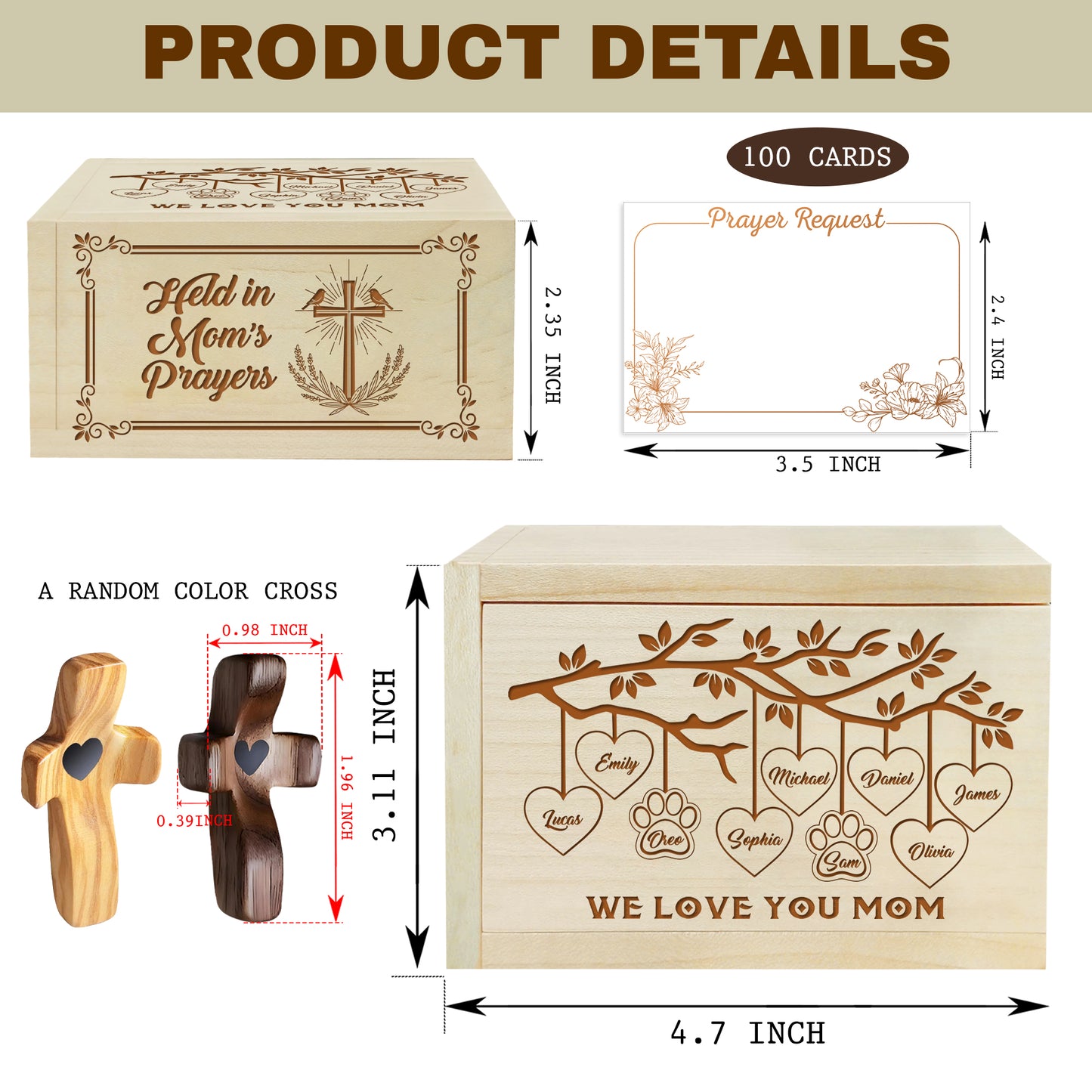 Netecom Personalized Prayer Request Box for Mom – Custom Engraved Family Names on Box with Mom Name on Wooden Cross, 100 Prayer Request Cards, Christian Keepsake Gift