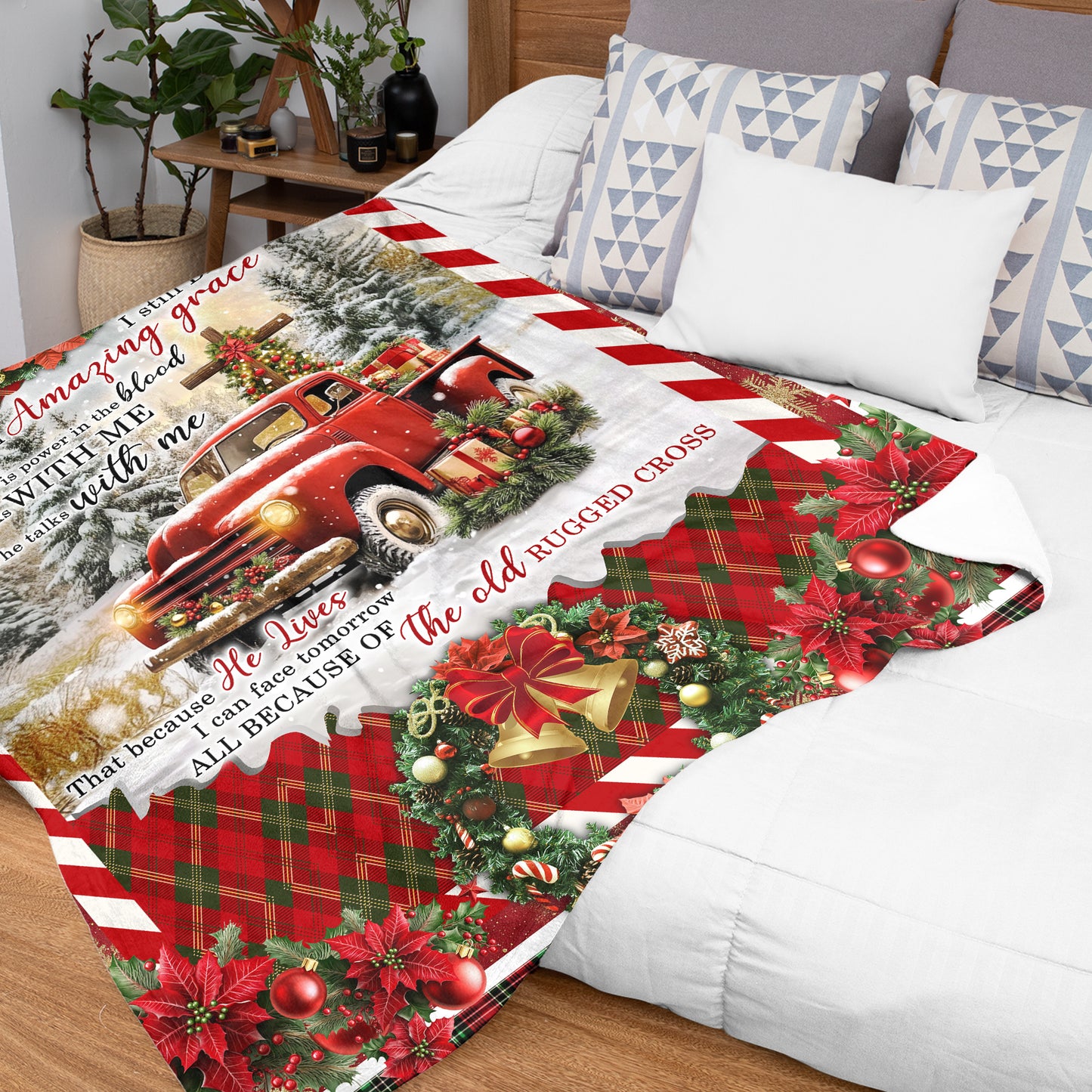 Netecom Christmas Cross and Red Truck Blanket, Holiday Religious Throw Blanket for Couch, Bed or Sofa, Ultra Soft Warm Gift for Christmas and Cozy Winter