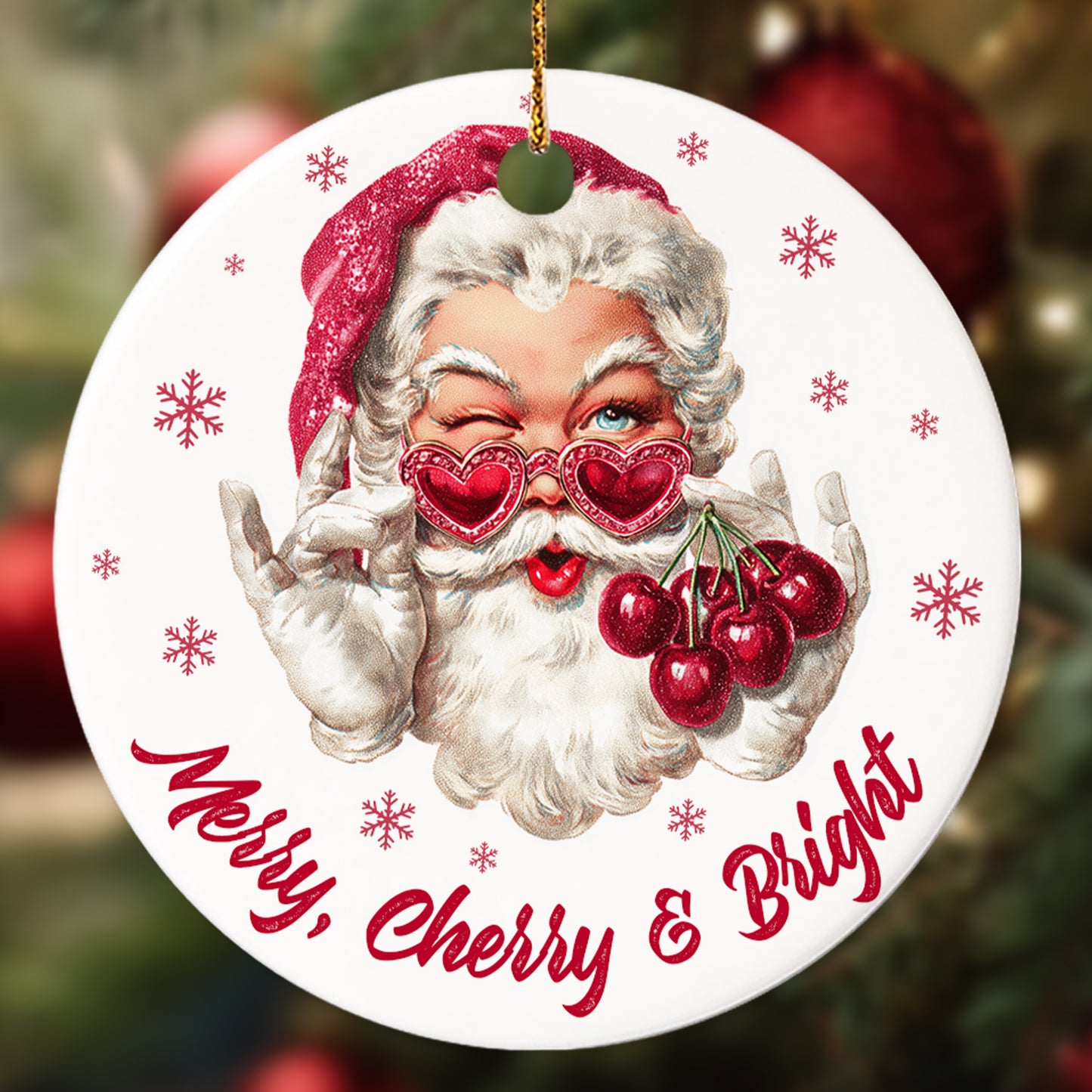 Netecom Funny Santa Claus with Heart Glasses and Fruit Christmas Ornament, Merry Cherry & Bright Ceramic Ornament for Xmas Tree Hanging Decorations Gift, Home Decor, Holiday Party Present