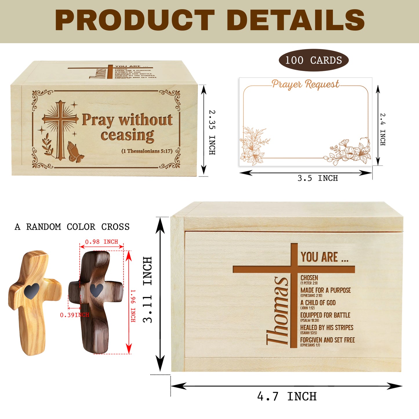 Netecom Personalized Prayer Box with Custom Name on Box and Wooden Cross – 100 Prayer Request Cards, Custom Engraved Christian Keepsake for Mom, Dad, Family, or Loved Ones