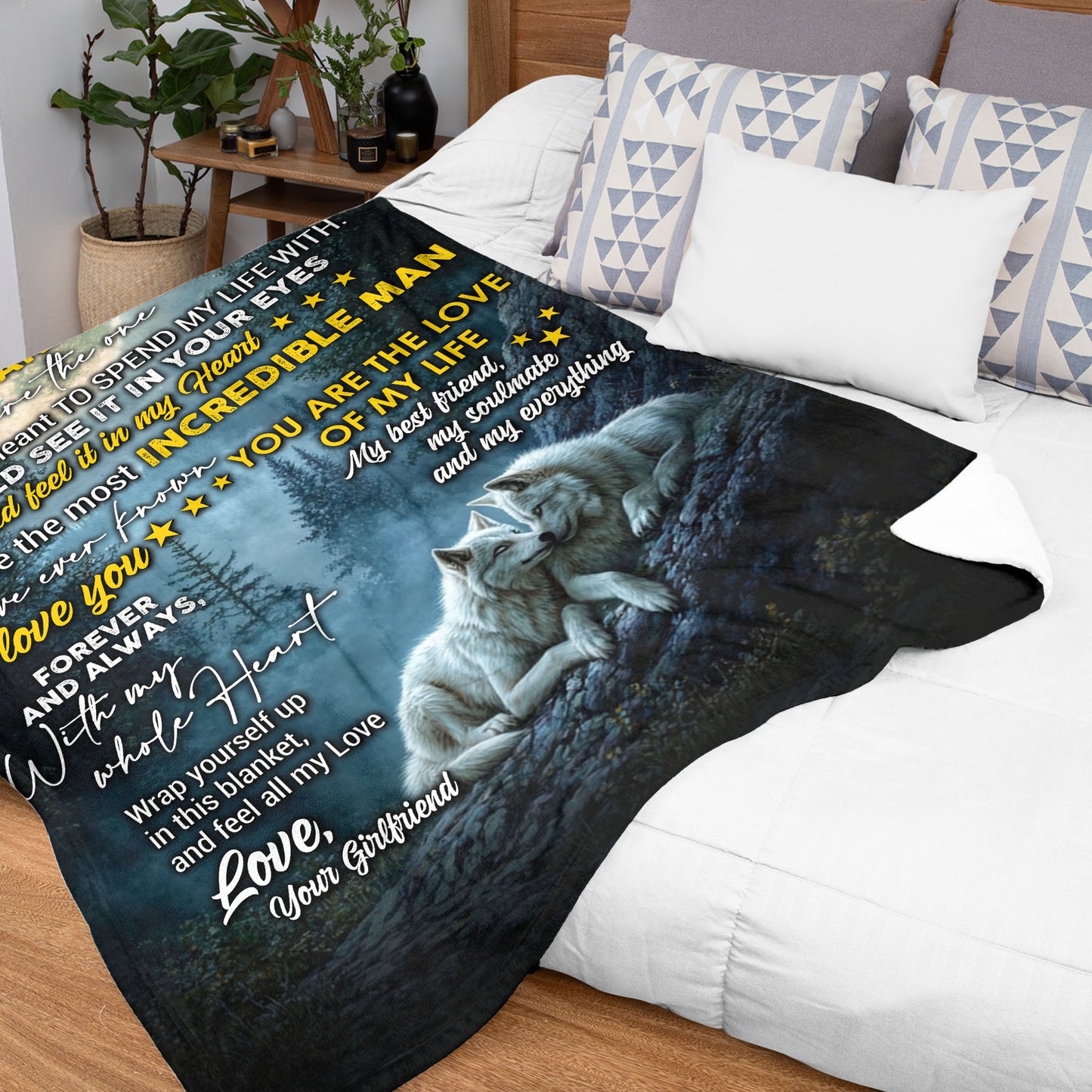 Netecom Personalized To My Boyfriend Blanket from Girlfriend, Romantic Wolf Couple Throw Blanket for Couch, Bed or Sofa, Love Letter Blanket for Boyfriend, Christmas or Valentine’s Day Present