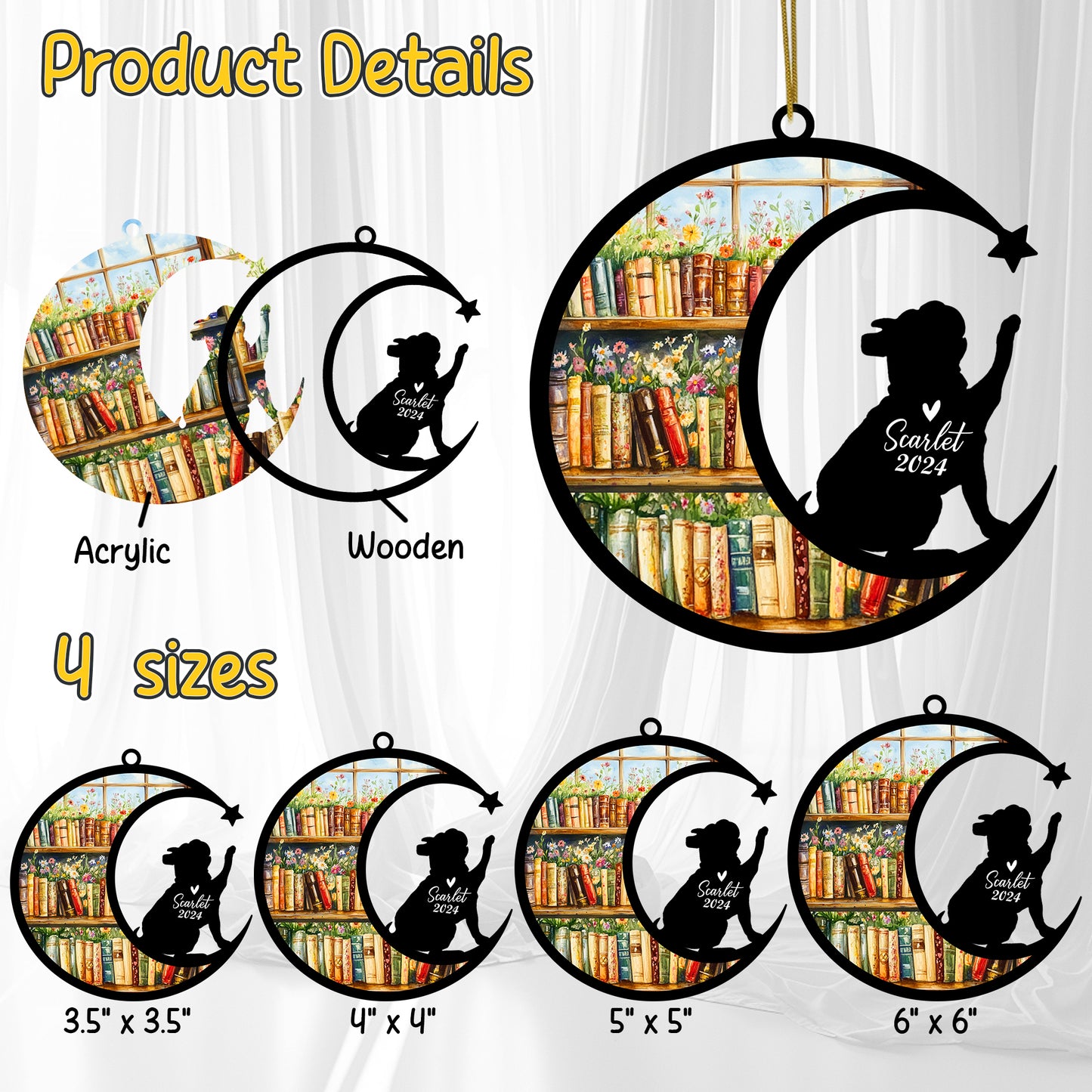 Netecom Personalized Bulldog Suncatcher for Windows Hanging, Custom Dog Sun Catcher Ornament with Name Date, Unique Gifts for Book Lovers, Reader Teacher Librarian Bookworm