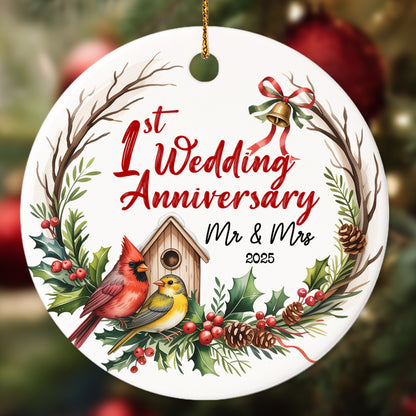 Netecom 1st Wedding Anniversary Christmas Ornament 2025, 1 Year as Mr & Mrs Red Cardinal Ceramic Ornament for Xmas Tree Hanging Decorations Gift, Gifts for Couple Husband Wife, Holiday Present
