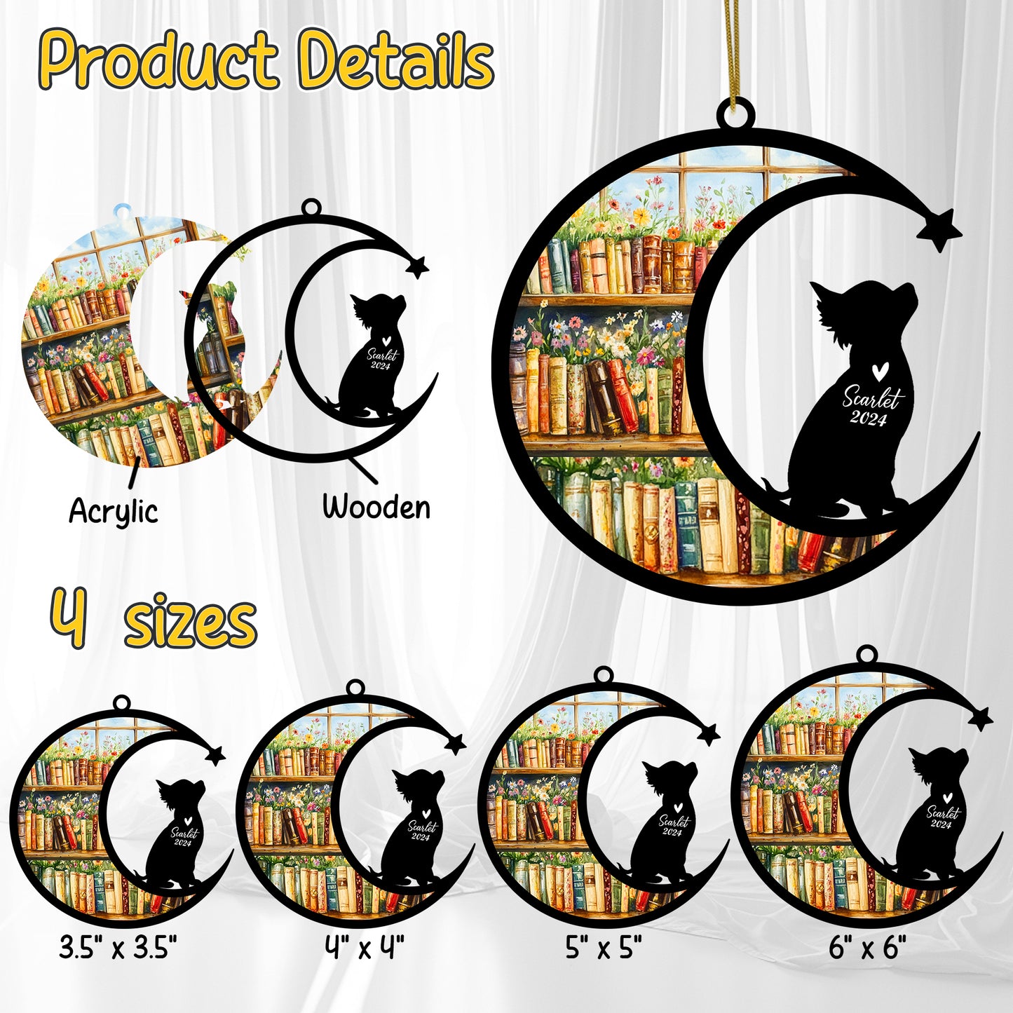 Netecom Personalized Chihuahua Suncatcher for Windows Hanging, Custom Dog Sun Catcher Ornament with Name Date, Unique Gifts for Book Lovers, Reader Teacher Librarian Bookworm
