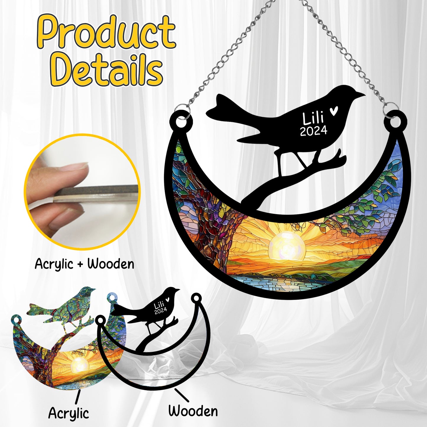 Netecom Personalized Bird Memorial Suncatcher, Custom Bird Ornament with Name Date, Pet Loss Remembrance Gifts, Sympathy Gift for Loss of Pet, Bereavement Gifts for Loss of Pet, Grief Gift