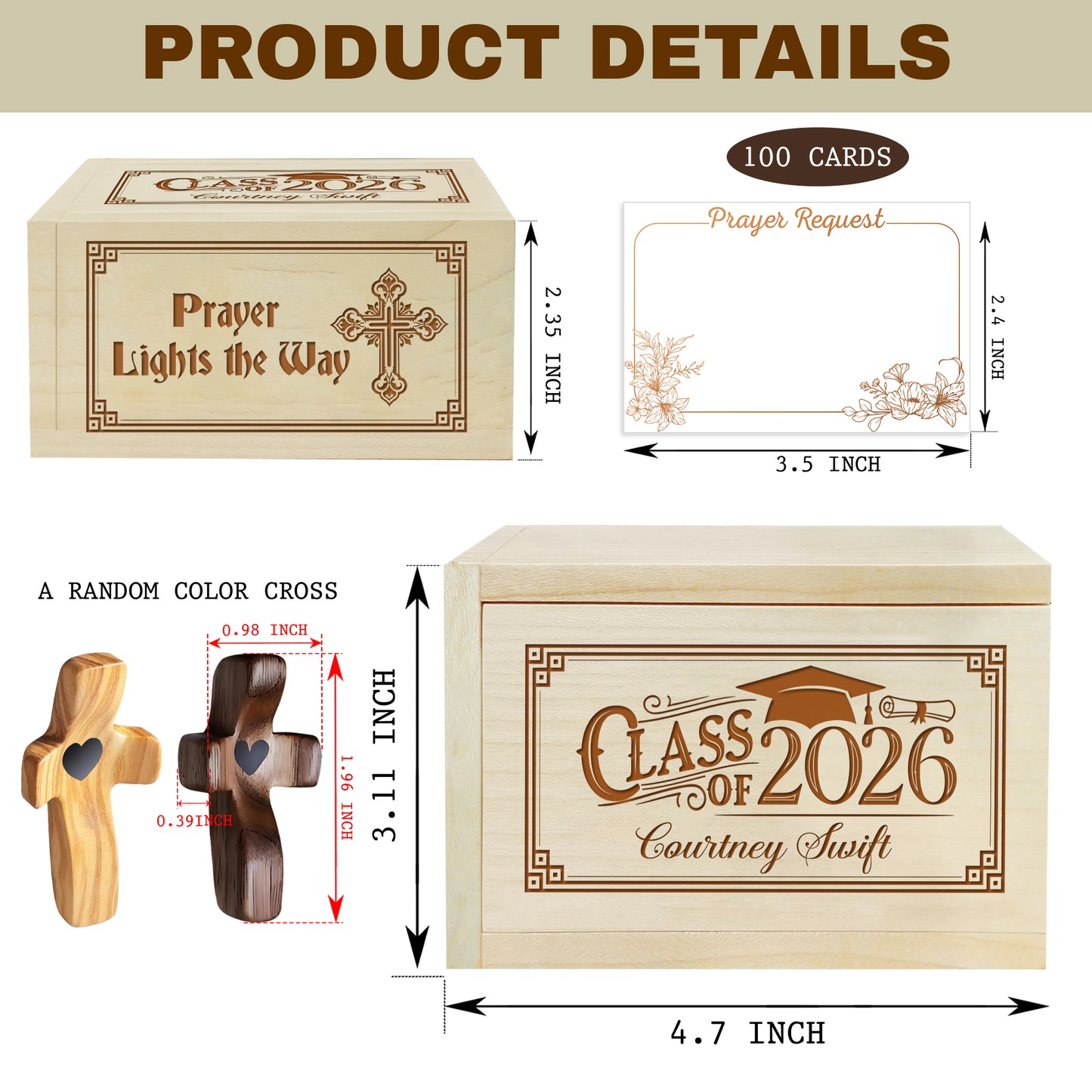Netecom Personalized Graduation Prayer Box with Custom Name & Year on Box, Custom Name on Cross, 100 Prayer Cards, Christian Keepsake Gift for Faith, Reflection, and Spiritual Encouragement