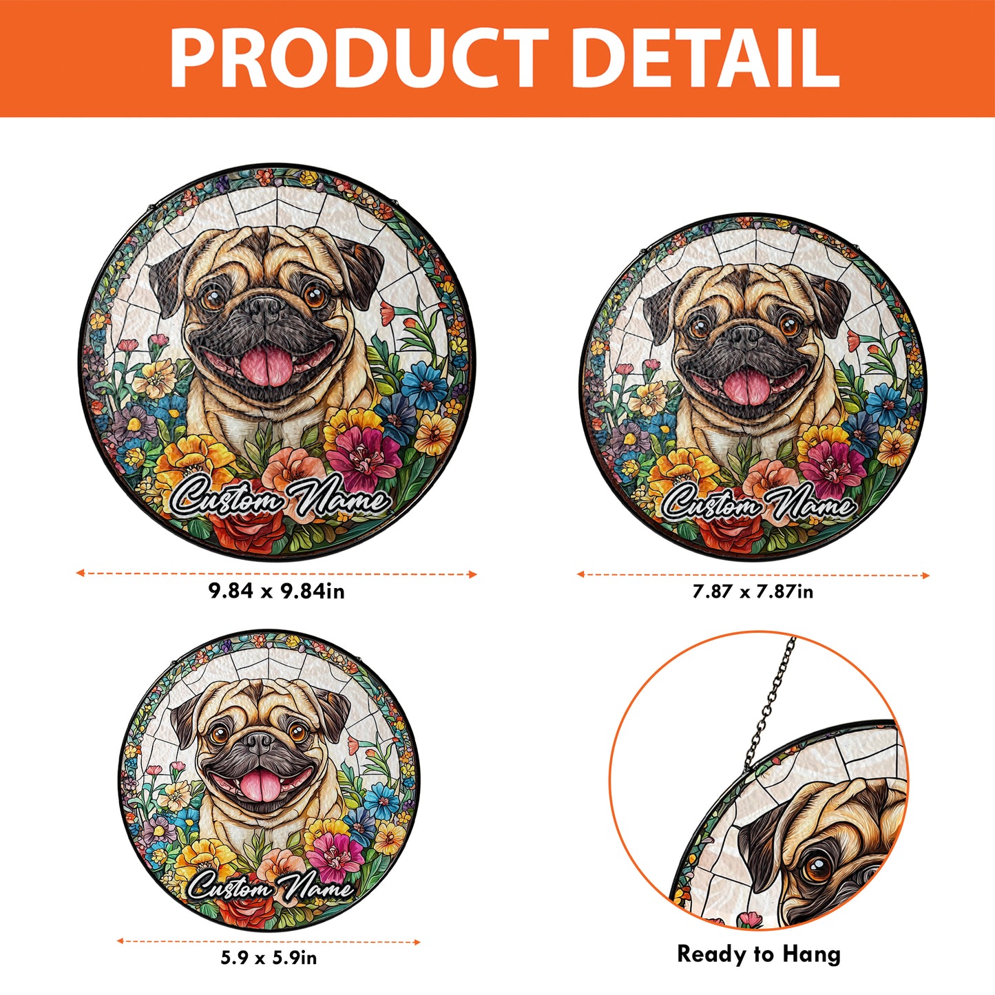 Netecom Custom Pug Dog Stained Glass Ornament, Personalized Memorial Suncatcher, Pet Loss Sympathy Gift, Christmas Decoration