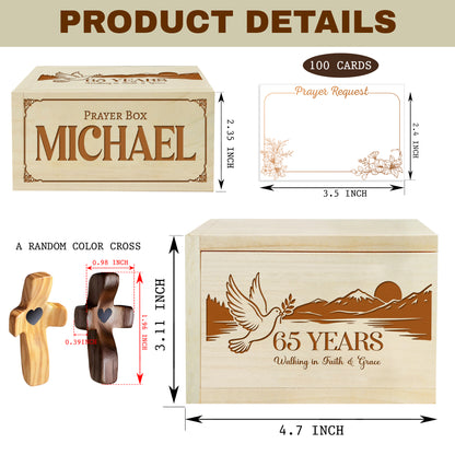 Netecom Personalized Birthday Prayer Box 65 Years with Custom Name, Christian Faith Gift with Wooden Cross & 100 Prayer Request Cards, Meaningful 65th Birthday Gift