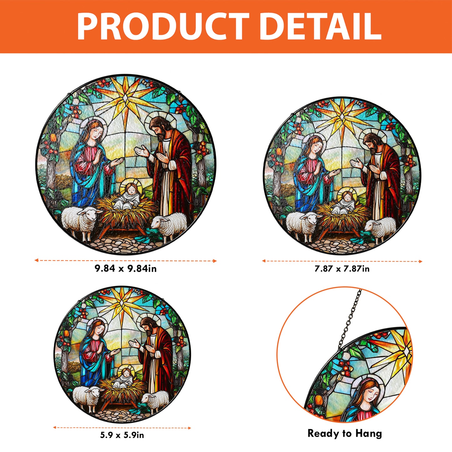 Netecom The Holy Family Stained Glass Suncatcher, Nativity Scene Christmas Window Hanging, Religious Home Decor, Spiritual Gift for Faith and Celebration